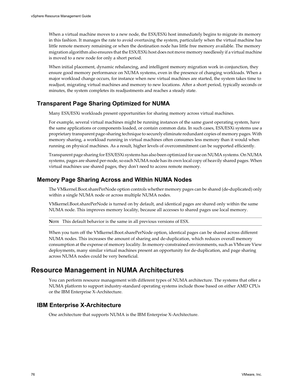 Resource management in numa architectures, Resource management in numa architectures 76, Transparent page sharing optimized for numa | Ibm enterprise x-architecture | VMware vSphere vCenter Server 4.0 User Manual | Page 76 / 106