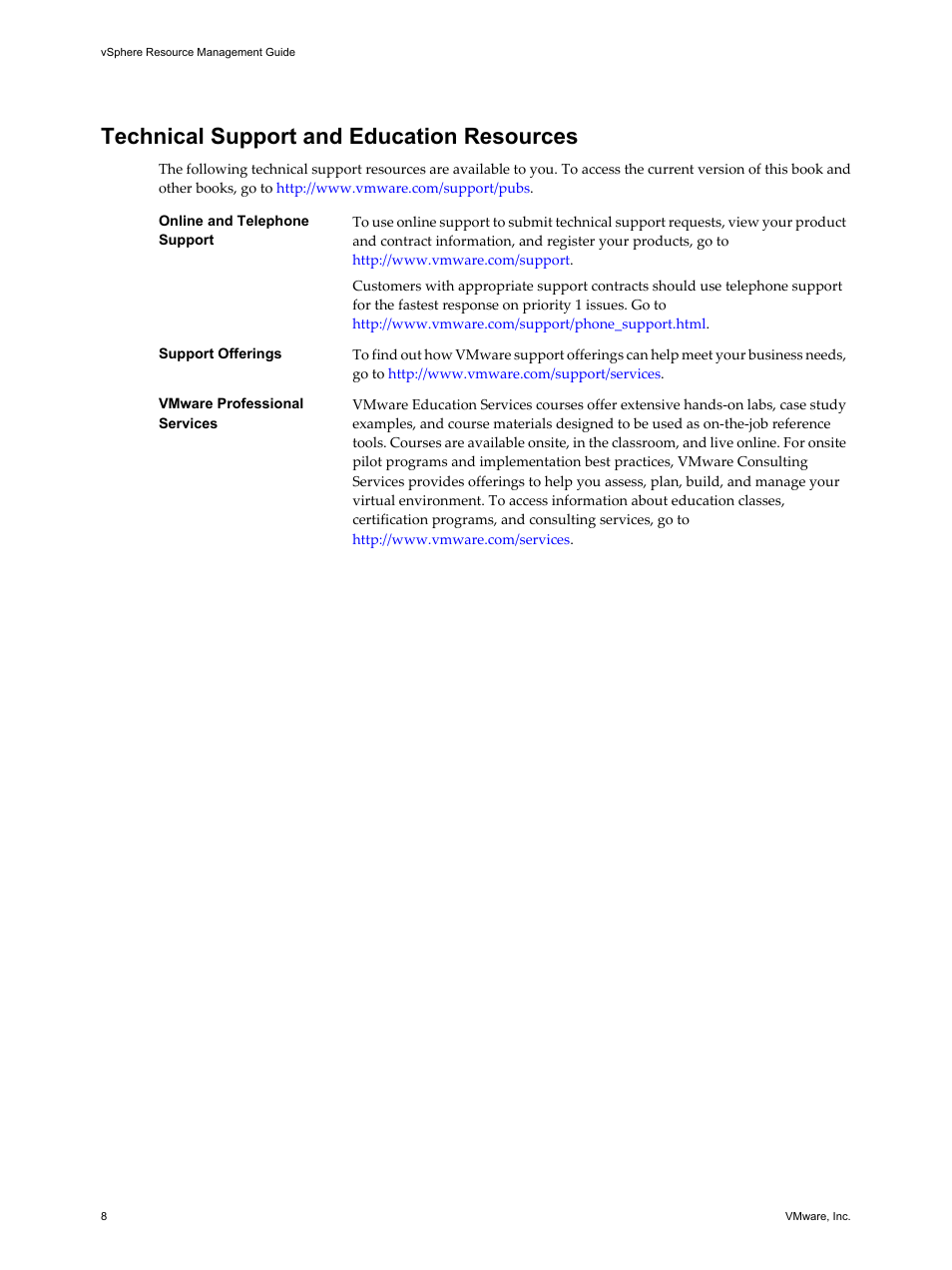 Technical support and education resources | VMware vSphere vCenter Server 4.0 User Manual | Page 8 / 106