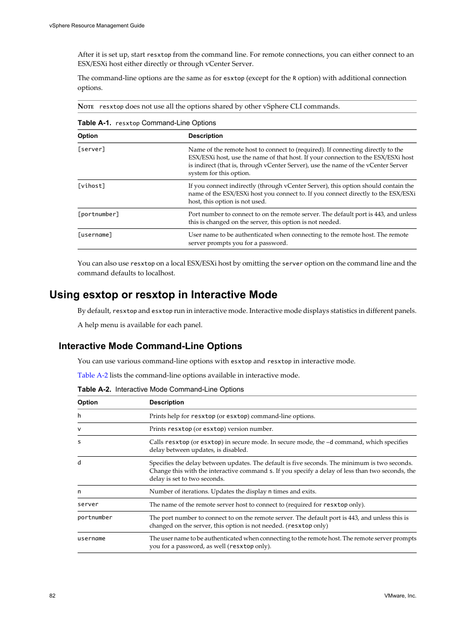 Using esxtop or resxtop in interactive mode, Interactive mode command-line options, Using esxtop or resxtop in interactive mode 82 | VMware vSphere vCenter Server 4.0 User Manual | Page 82 / 106