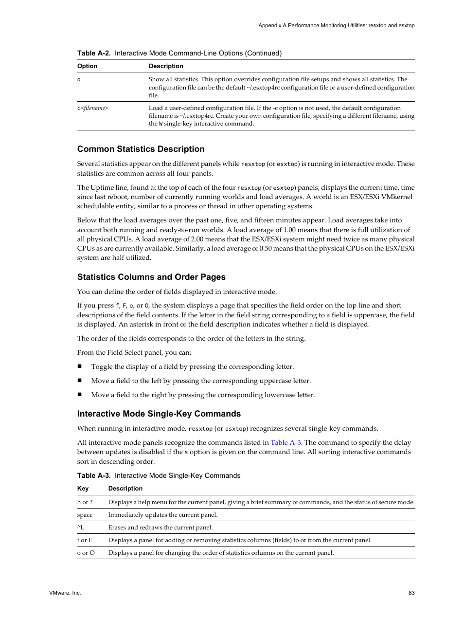 Common statistics description, Interactive mode single-key commands, Statistics columns and order pages | VMware vSphere vCenter Server 4.0 User Manual | Page 83 / 106