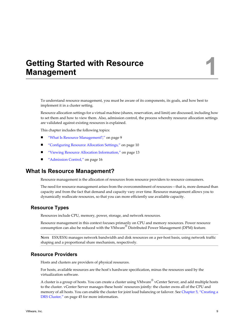 Getting started with resource management, What is resource management, Resource types | Resource providers, Getting started with resource management 9, What is resource management? 9 | VMware vSphere vCenter Server 4.0 User Manual | Page 9 / 106