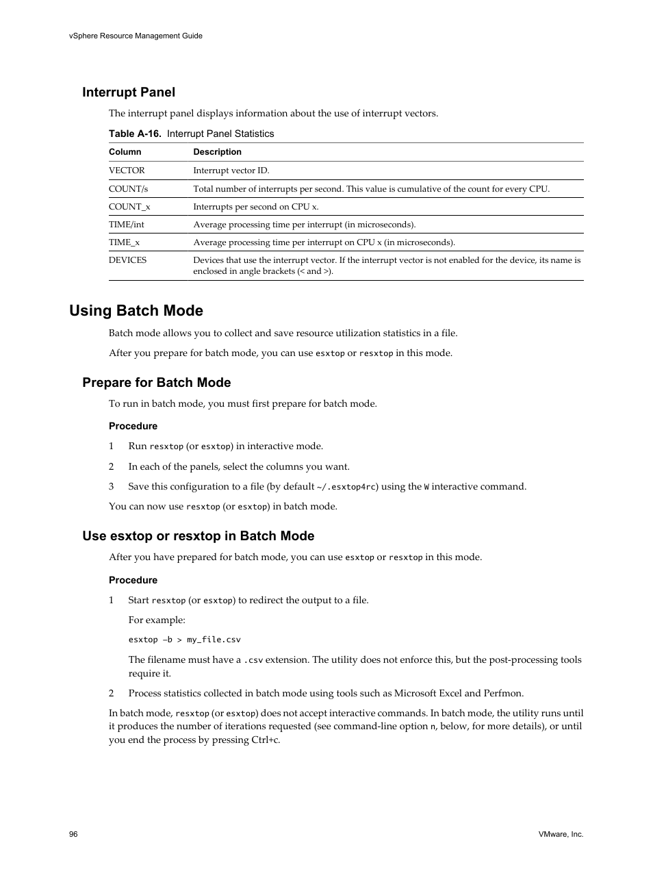 Interrupt panel, Using batch mode, Prepare for batch mode | Use esxtop or resxtop in batch mode, Using batch mode 96 | VMware vSphere vCenter Server 4.0 User Manual | Page 96 / 106