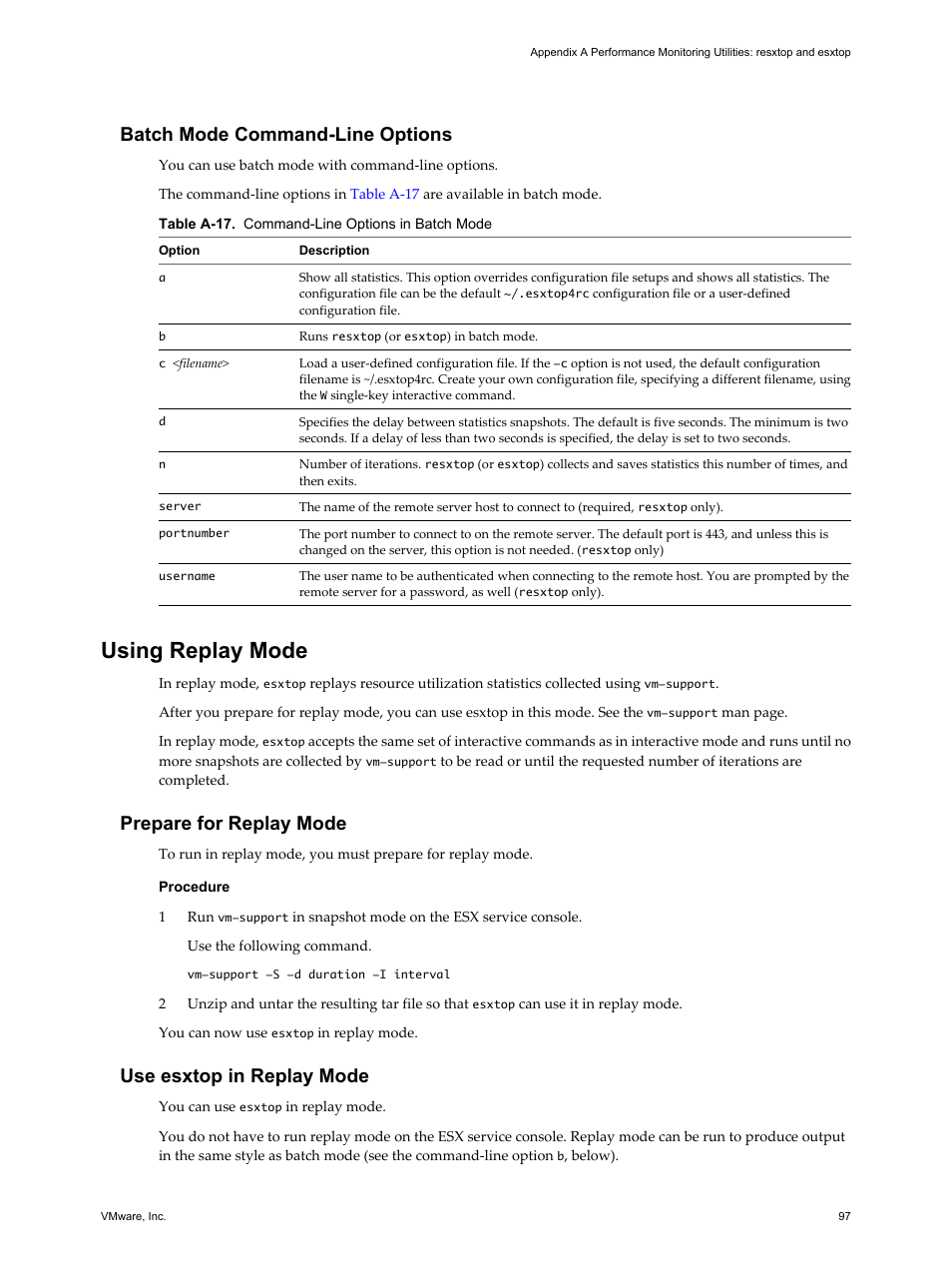 Batch mode command-line options, Using replay mode, Prepare for replay mode | Use esxtop in replay mode, Using replay mode 97 | VMware vSphere vCenter Server 4.0 User Manual | Page 97 / 106