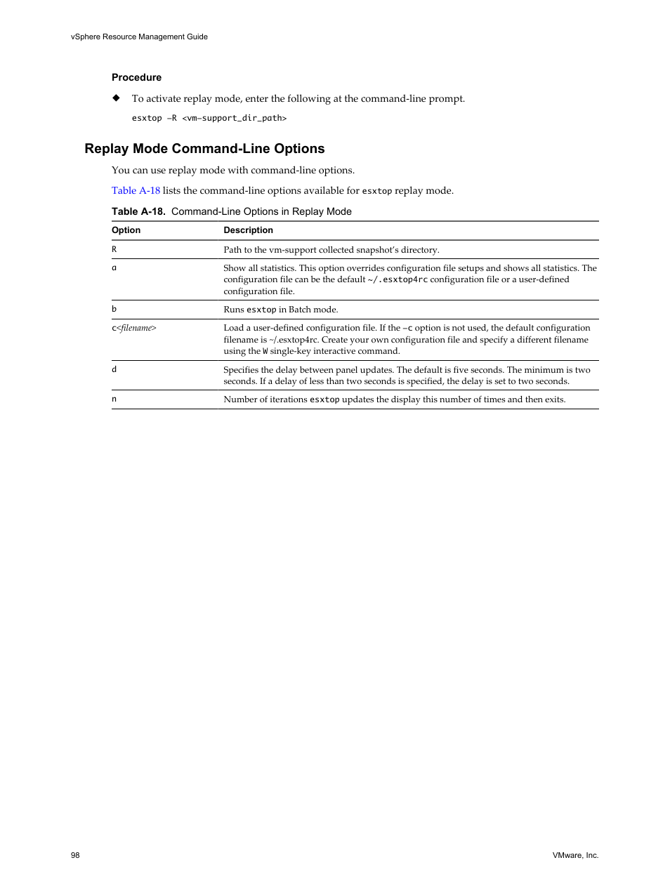 Replay mode command-line options | VMware vSphere vCenter Server 4.0 User Manual | Page 98 / 106