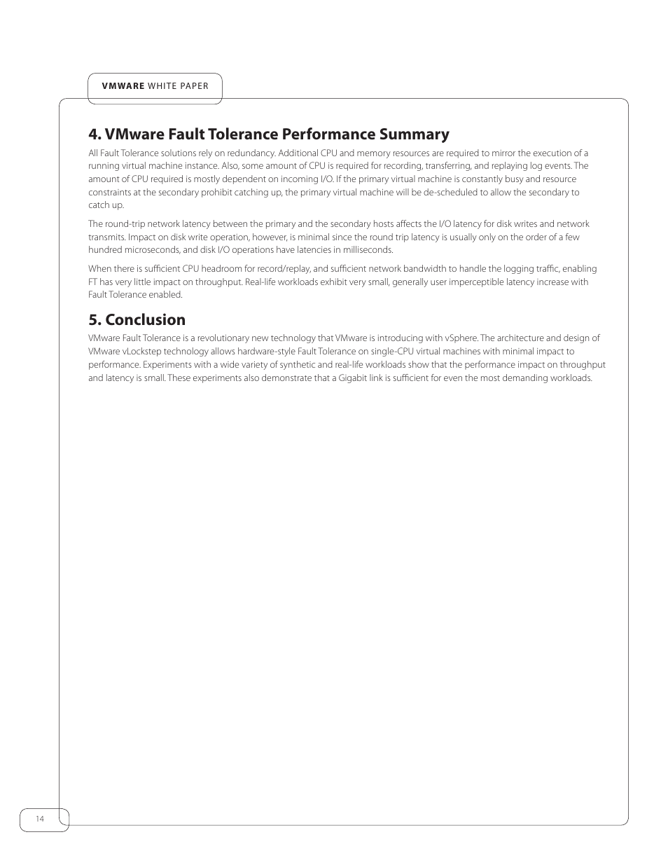 Vmware fault tolerance performance summary, Conclusion | VMware vSphere Fault Tolerance 4 User Manual | Page 14 / 19