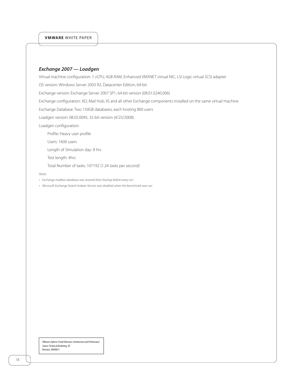 Exchange 2007 — loadgen | VMware vSphere Fault Tolerance 4 User Manual | Page 18 / 19