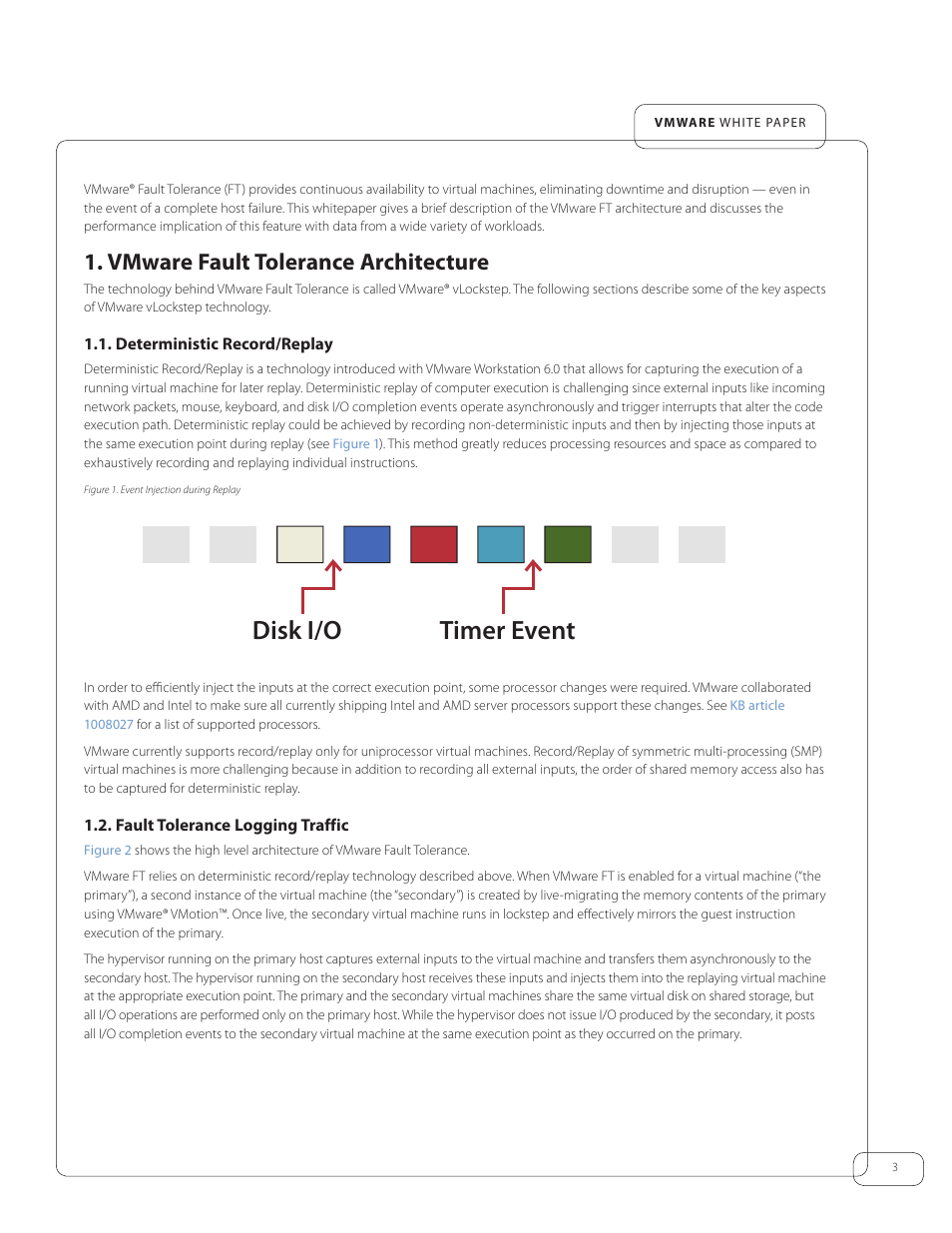 Vmware fault tolerance architecture, Deterministic record/replay, Fault tolerance | Deterministic record/replay 1.2. fault tolerance, Disk i/o timer event | VMware vSphere Fault Tolerance 4 User Manual | Page 3 / 19