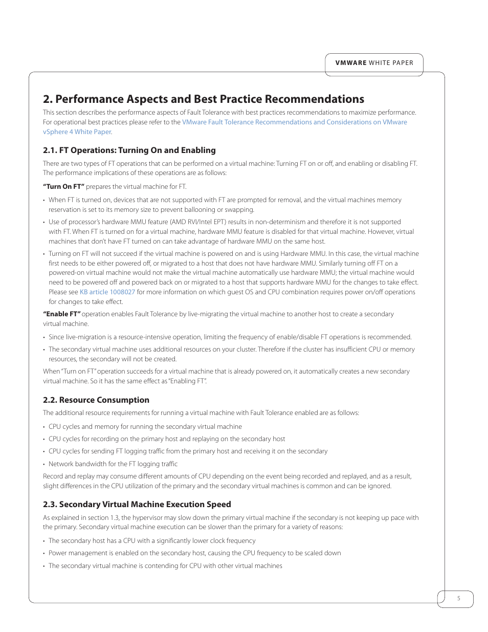 Ft operations: turning on and enabling, Resource consumption, Secondary virtual machine execution speed | VMware vSphere Fault Tolerance 4 User Manual | Page 5 / 19