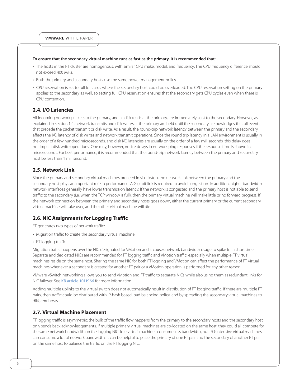 I/o latencies, Network link, Nic assignments for logging traffic | Virtual machine placement | VMware vSphere Fault Tolerance 4 User Manual | Page 6 / 19