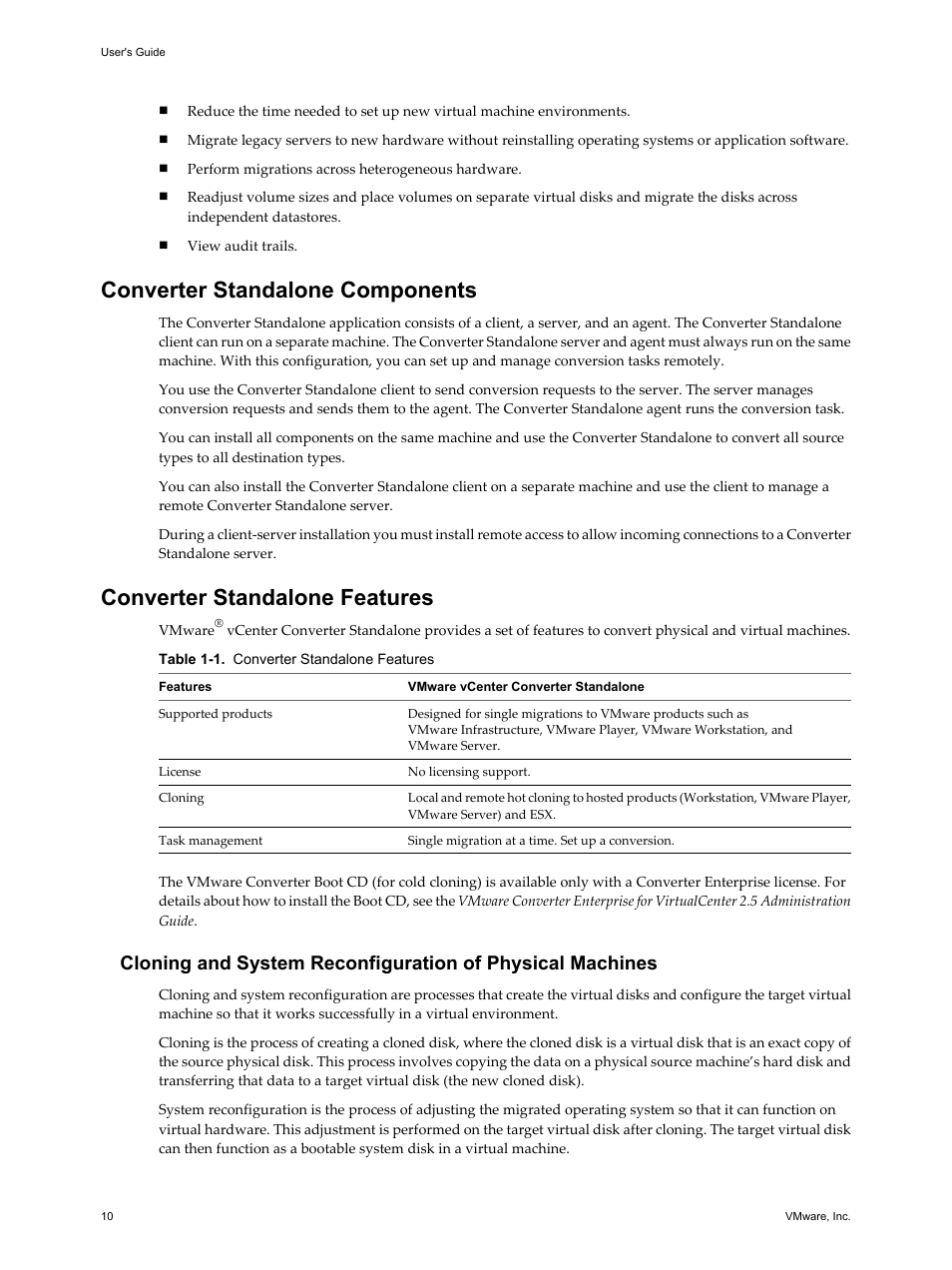 Converter standalone components, Converter standalone features | VMware VCENTER CONVERTER EN-000158-02 User Manual | Page 10 / 92