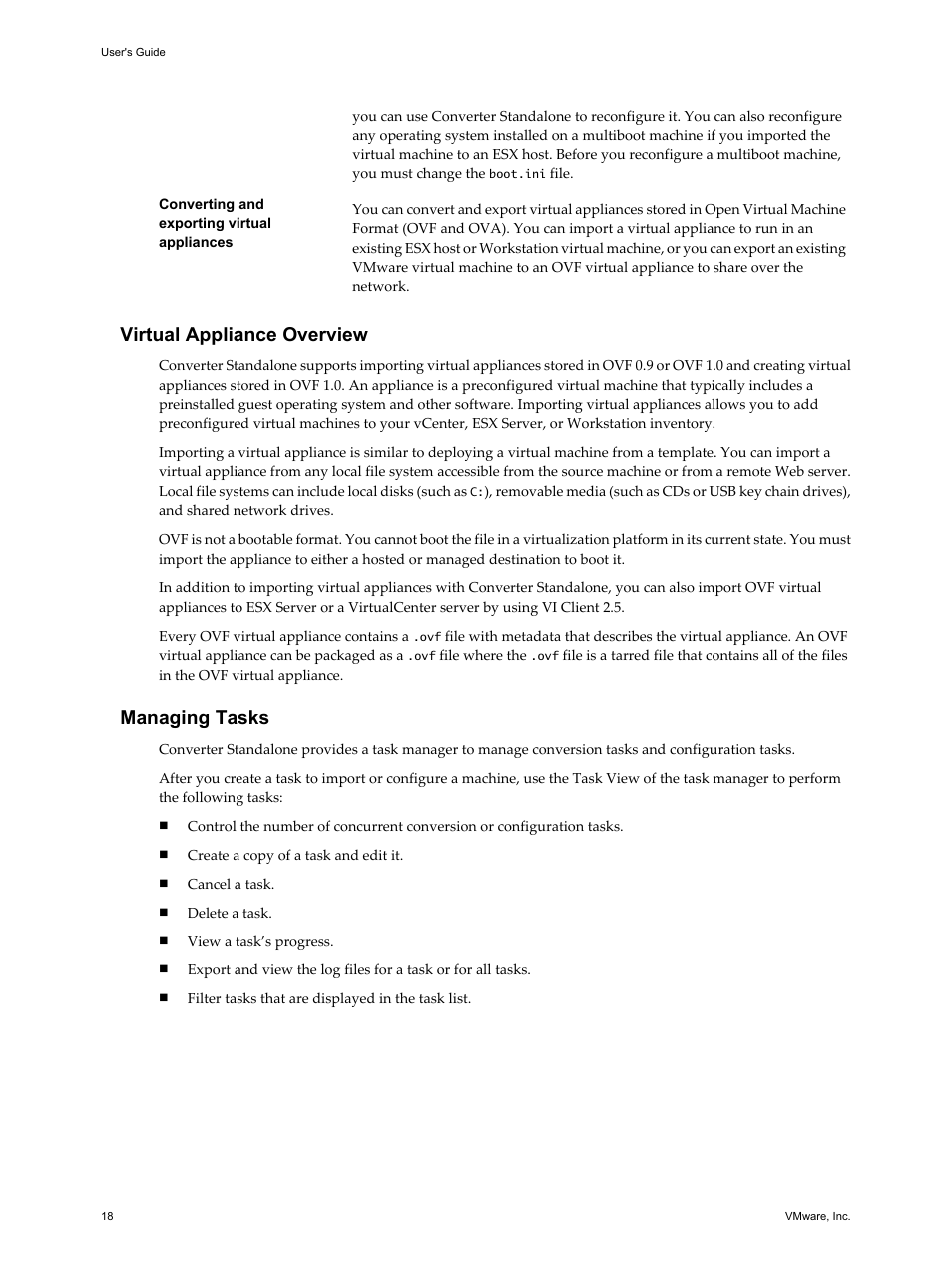 Virtual appliance overview, Managing tasks | VMware VCENTER CONVERTER EN-000158-02 User Manual | Page 18 / 92