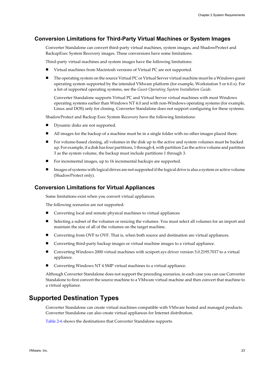 Conversion limitations for virtual appliances, Supported destination types, Supported destination types 23 | VMware VCENTER CONVERTER EN-000158-02 User Manual | Page 23 / 92