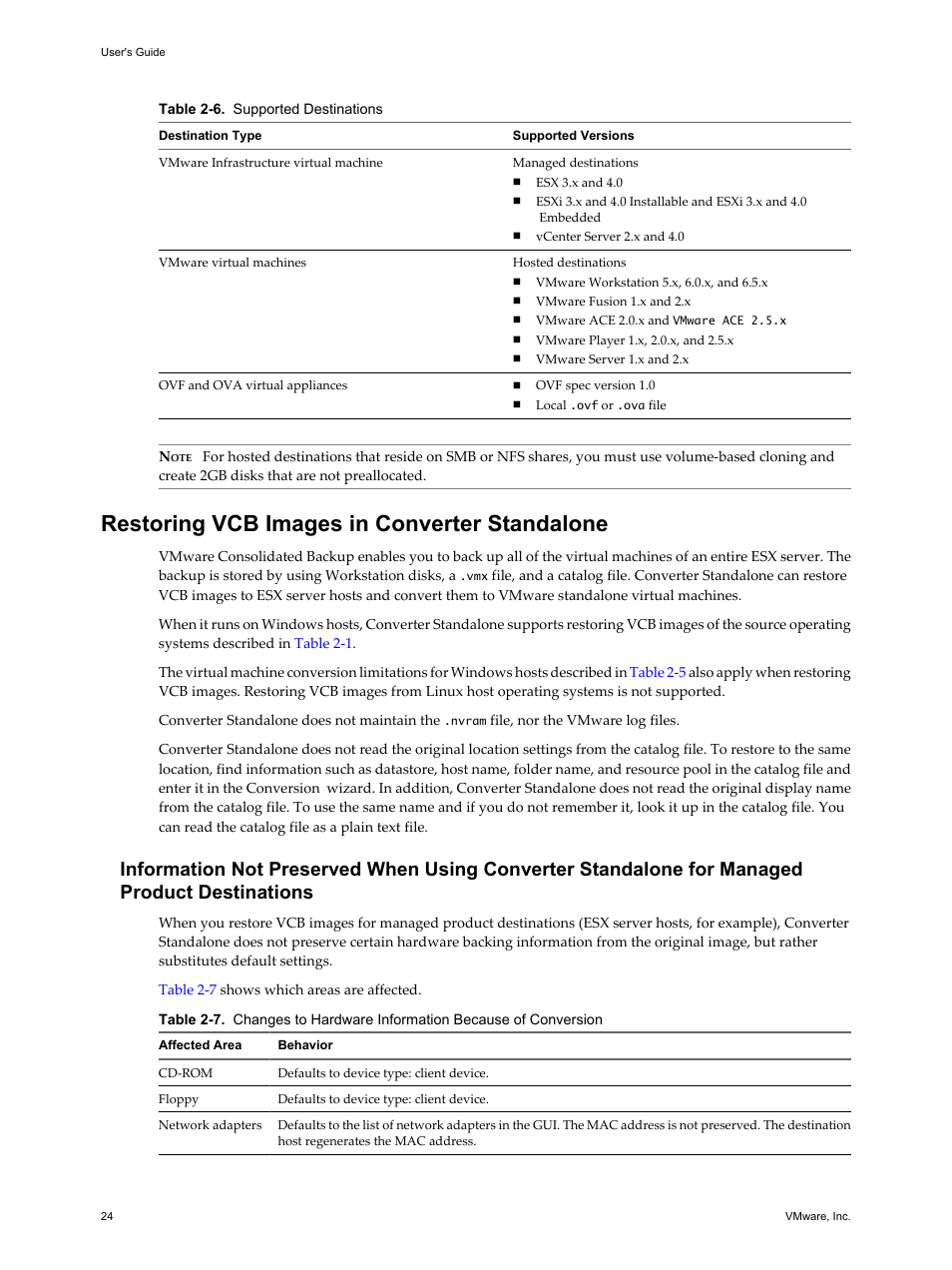 Restoring vcb images in converter standalone, Restoring vcb images in converter standalone 24 | VMware VCENTER CONVERTER EN-000158-02 User Manual | Page 24 / 92