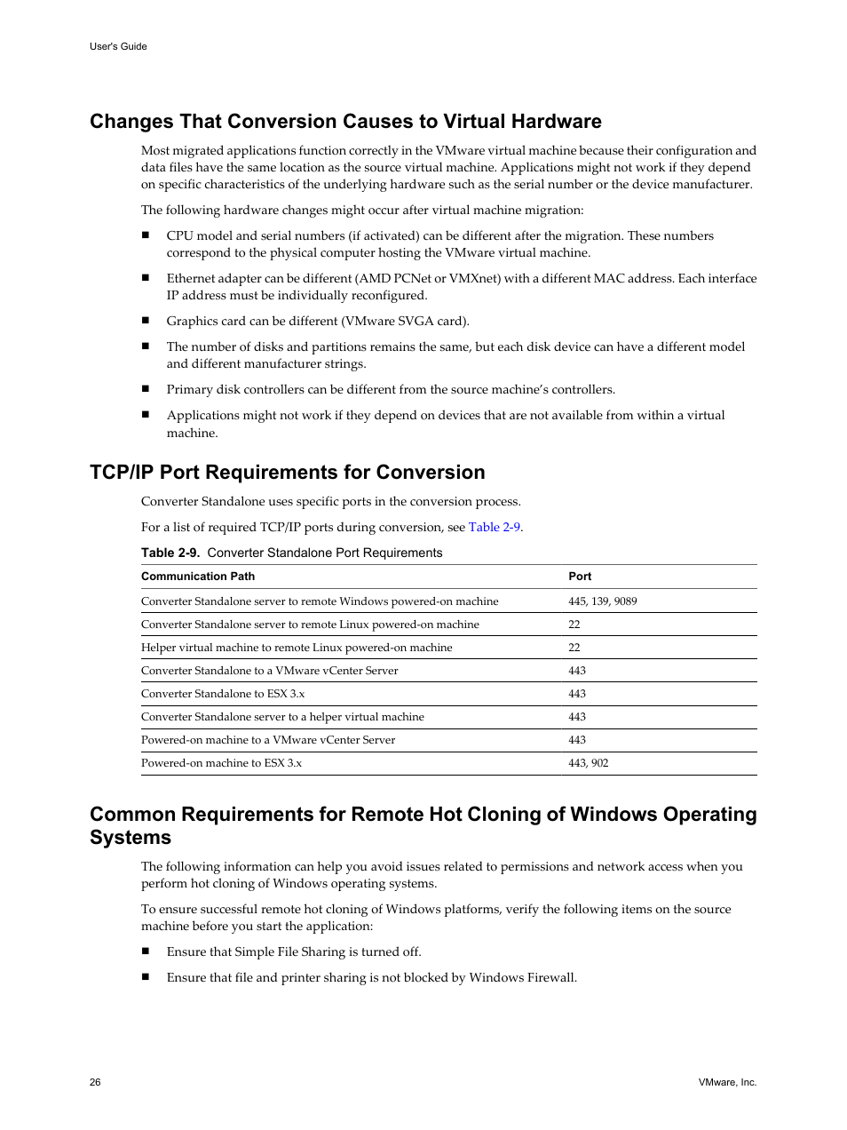 Changes that conversion causes to virtual hardware, Tcp/ip port requirements for conversion | VMware VCENTER CONVERTER EN-000158-02 User Manual | Page 26 / 92