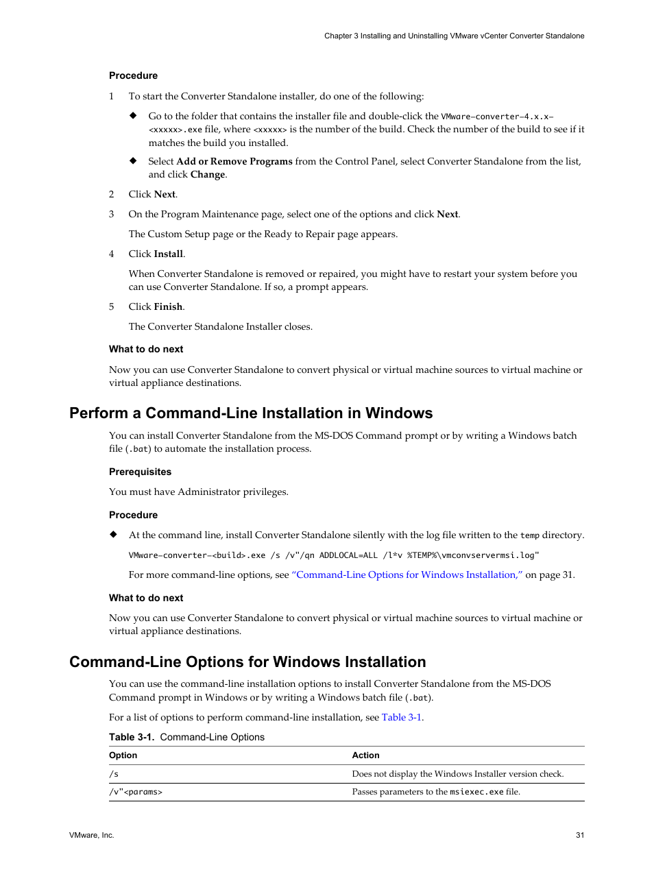 Perform a command-line installation in windows, Command-line options for windows installation | VMware VCENTER CONVERTER EN-000158-02 User Manual | Page 31 / 92