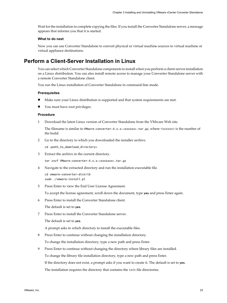 Perform a client-server installation in linux, Perform a client-server installation in linux 33 | VMware VCENTER CONVERTER EN-000158-02 User Manual | Page 33 / 92