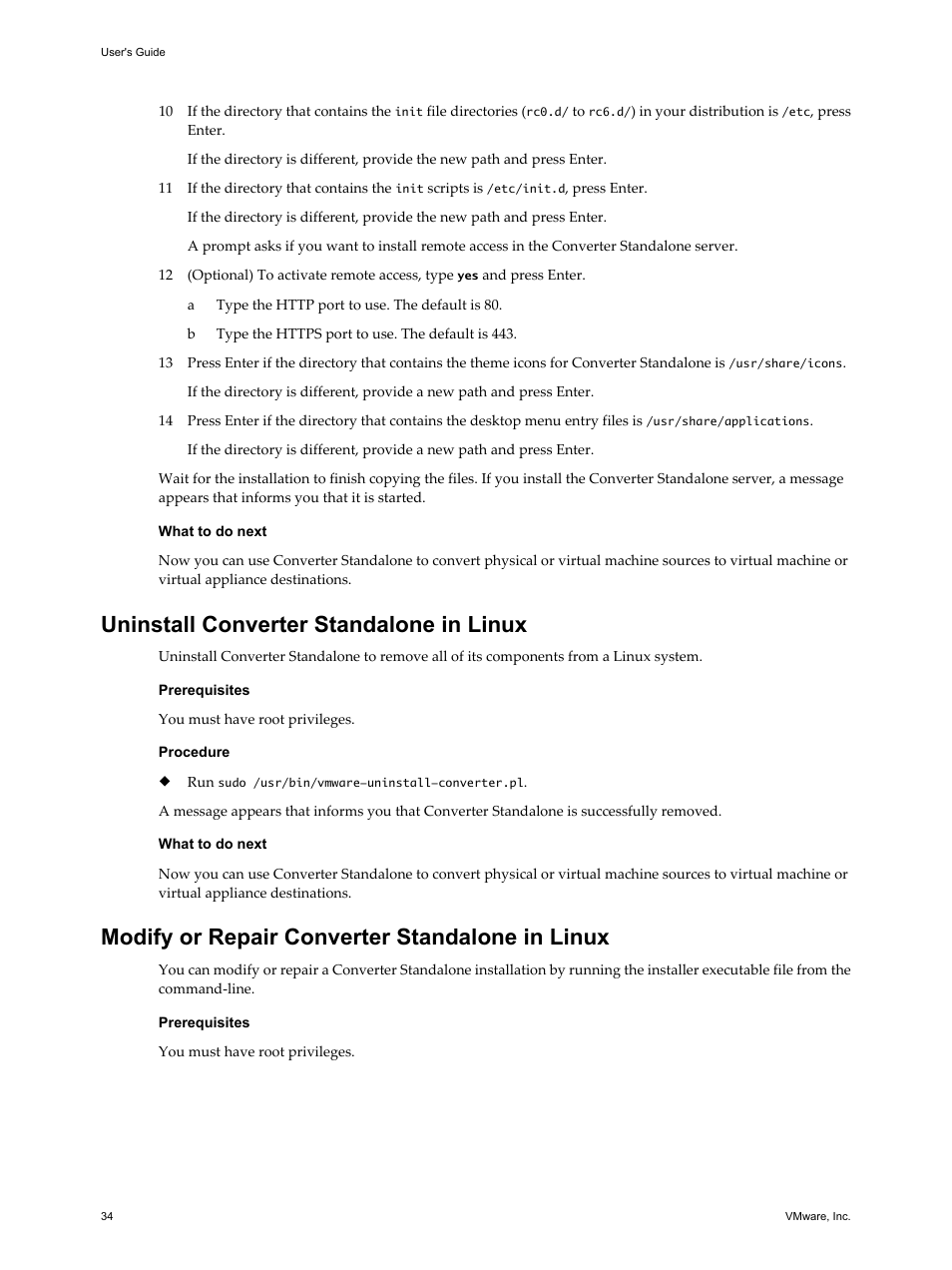 Uninstall converter standalone in linux, Modify or repair converter standalone in linux, Step 12 | VMware VCENTER CONVERTER EN-000158-02 User Manual | Page 34 / 92