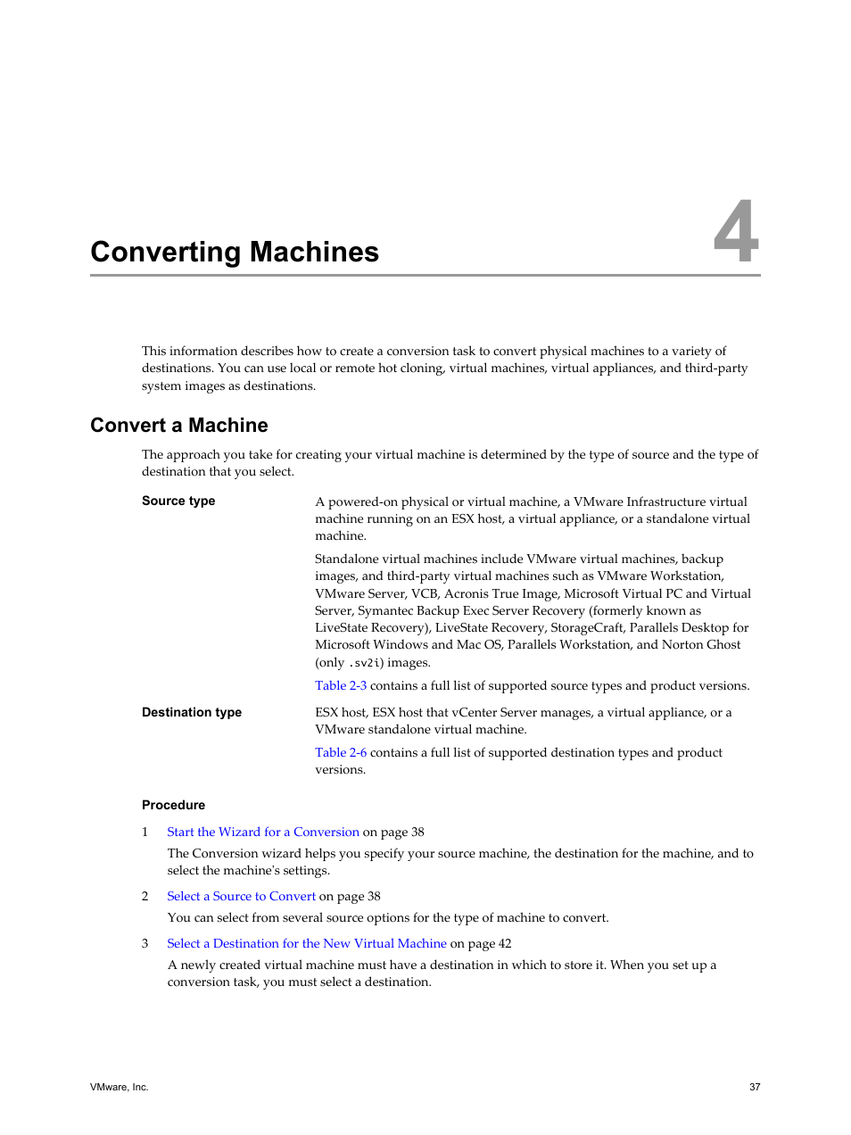 Converting machines, Convert a machine, Converting machines 37 | Convert a machine 37 | VMware VCENTER CONVERTER EN-000158-02 User Manual | Page 37 / 92