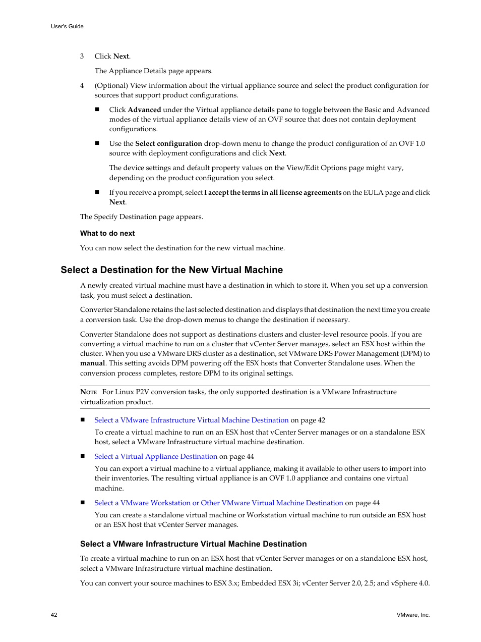 Select a destination for the new virtual machine | VMware VCENTER CONVERTER EN-000158-02 User Manual | Page 42 / 92