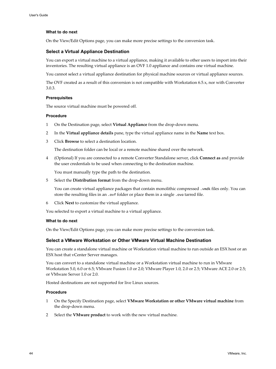 Select a virtual appliance destination | VMware VCENTER CONVERTER EN-000158-02 User Manual | Page 44 / 92