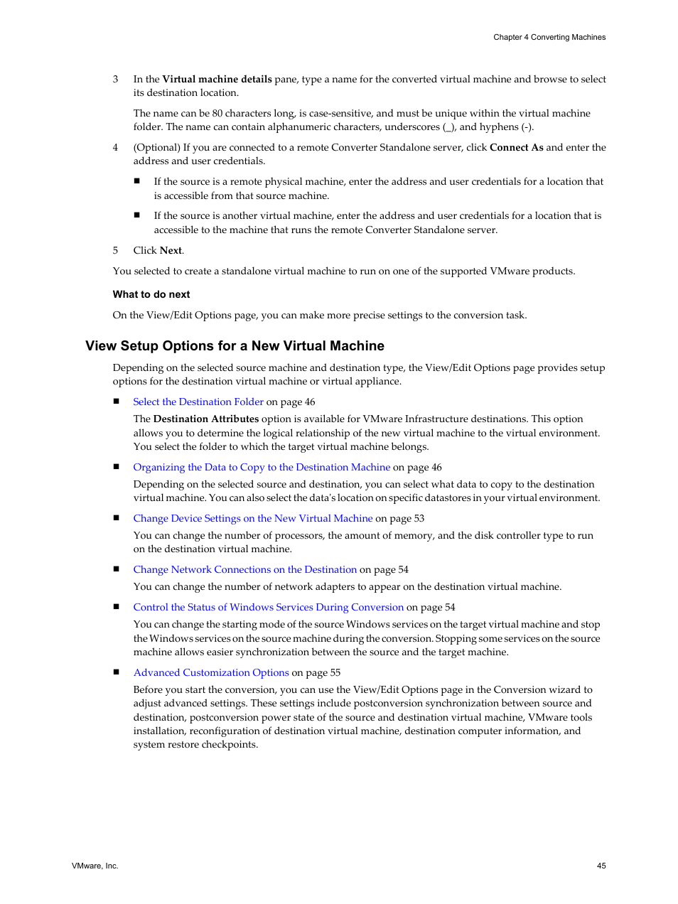 View setup options for a new virtual machine | VMware VCENTER CONVERTER EN-000158-02 User Manual | Page 45 / 92