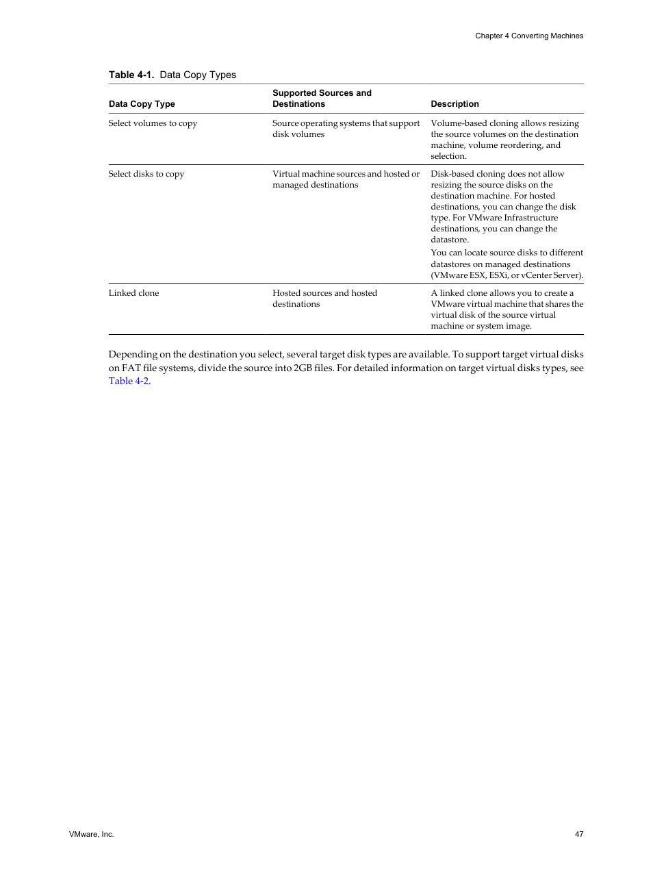 For detailed information on data copy types, see, Table 4-1 | VMware VCENTER CONVERTER EN-000158-02 User Manual | Page 47 / 92