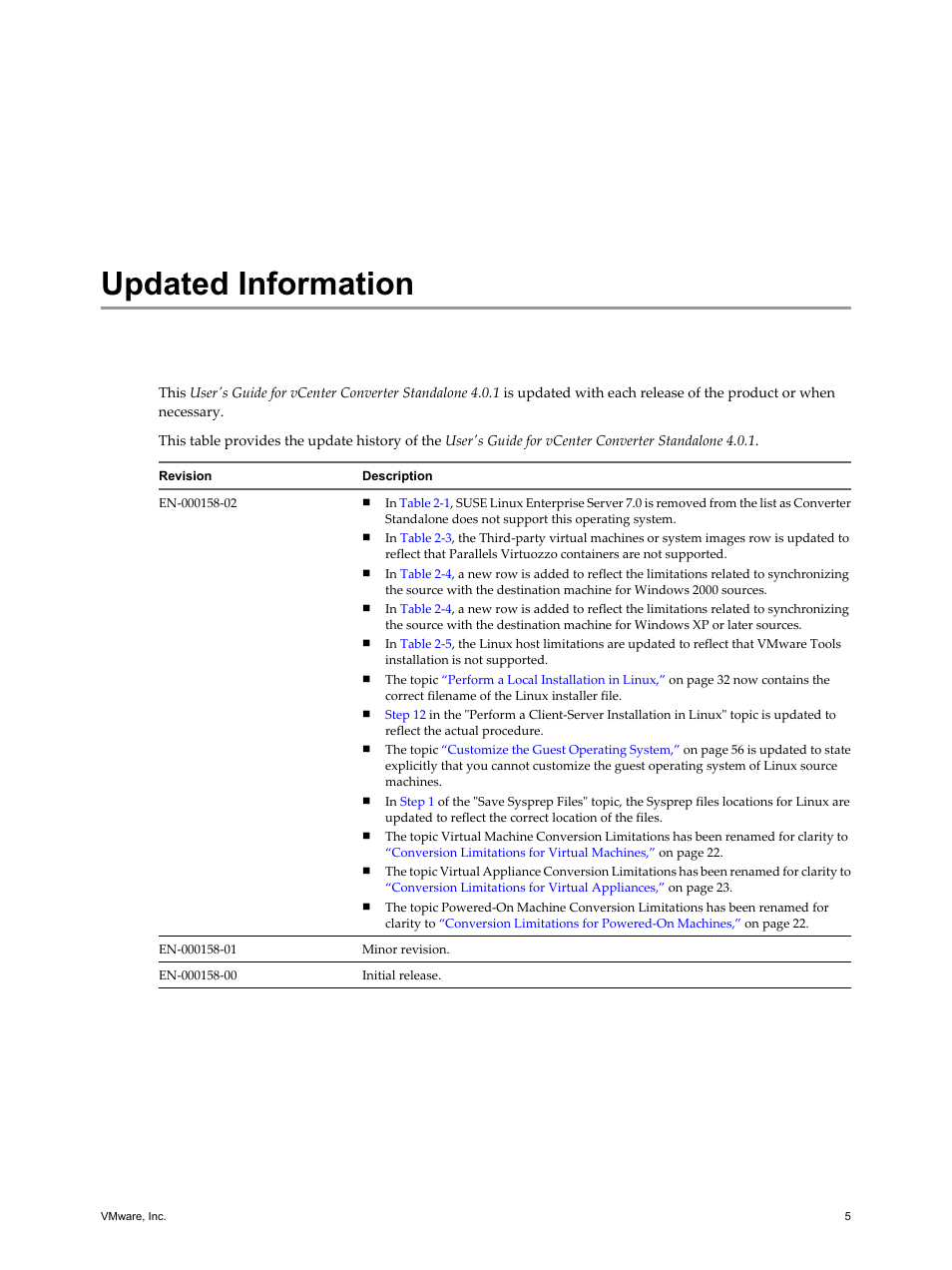 Updated information, Updated information 5 | VMware VCENTER CONVERTER EN-000158-02 User Manual | Page 5 / 92