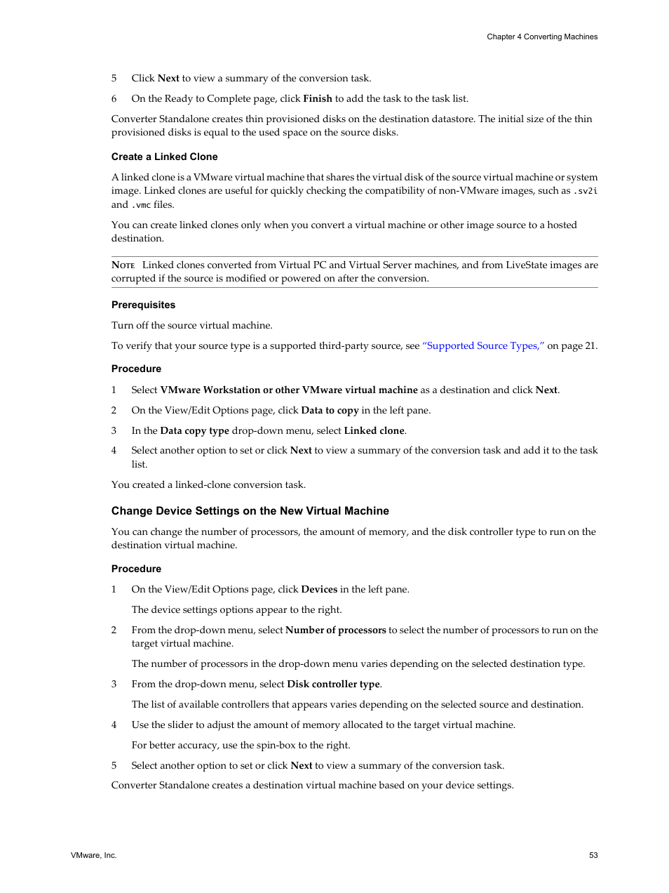 Create a linked clone, Change device settings on the new virtual machine | VMware VCENTER CONVERTER EN-000158-02 User Manual | Page 53 / 92