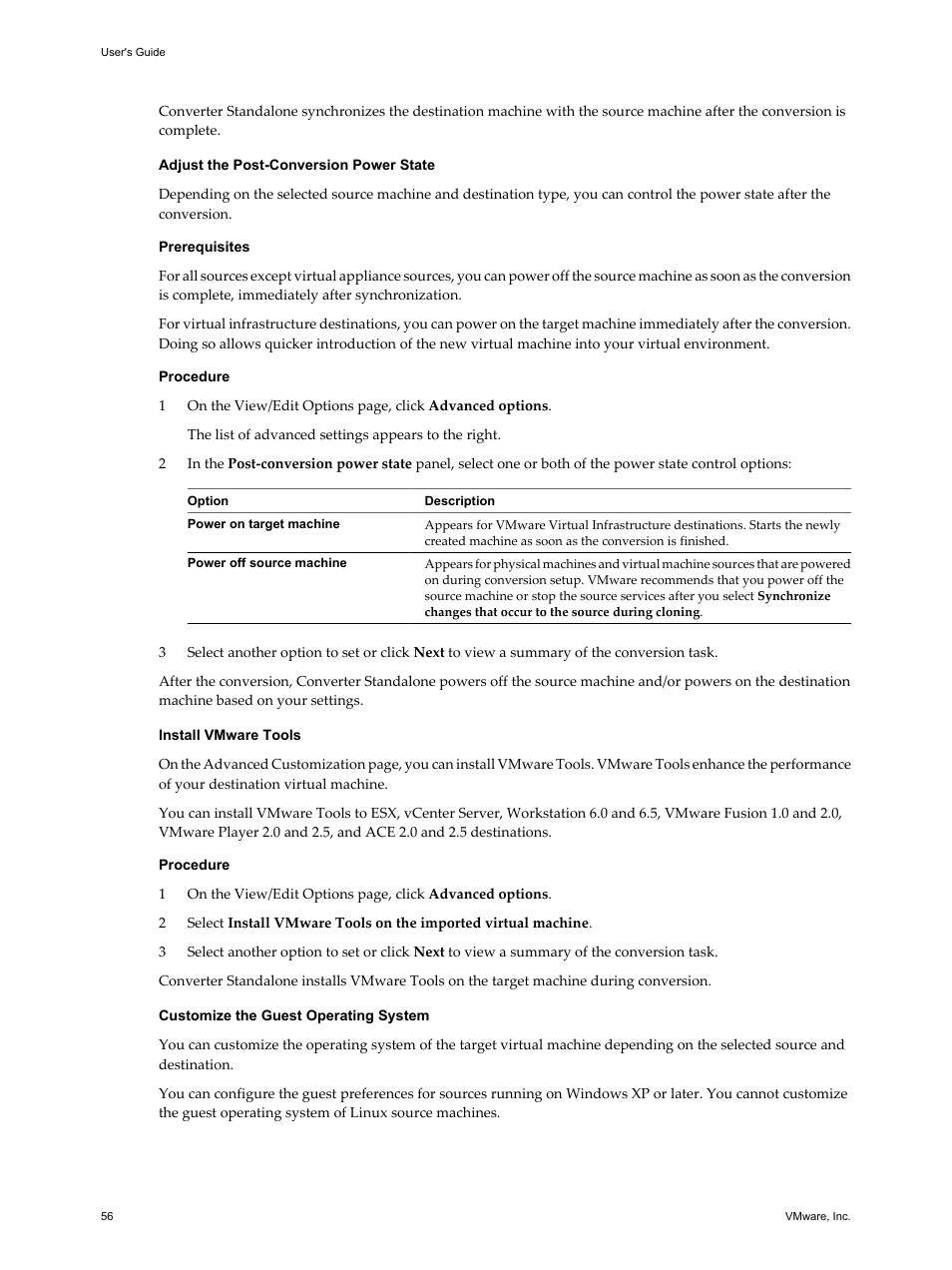 Adjust the post-conversion power state, Install vmware tools, Customize the guest operating system | The topic | VMware VCENTER CONVERTER EN-000158-02 User Manual | Page 56 / 92