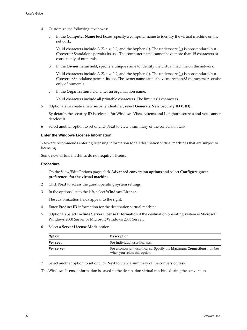 Enter the windows license information | VMware VCENTER CONVERTER EN-000158-02 User Manual | Page 58 / 92