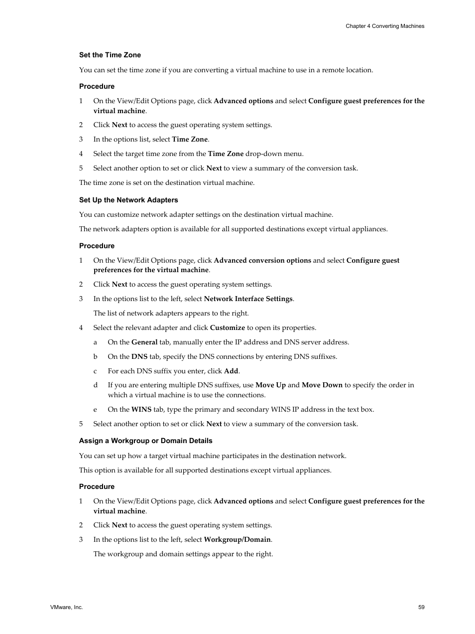 Set the time zone, Set up the network adapters, Assign a workgroup or domain details | VMware VCENTER CONVERTER EN-000158-02 User Manual | Page 59 / 92