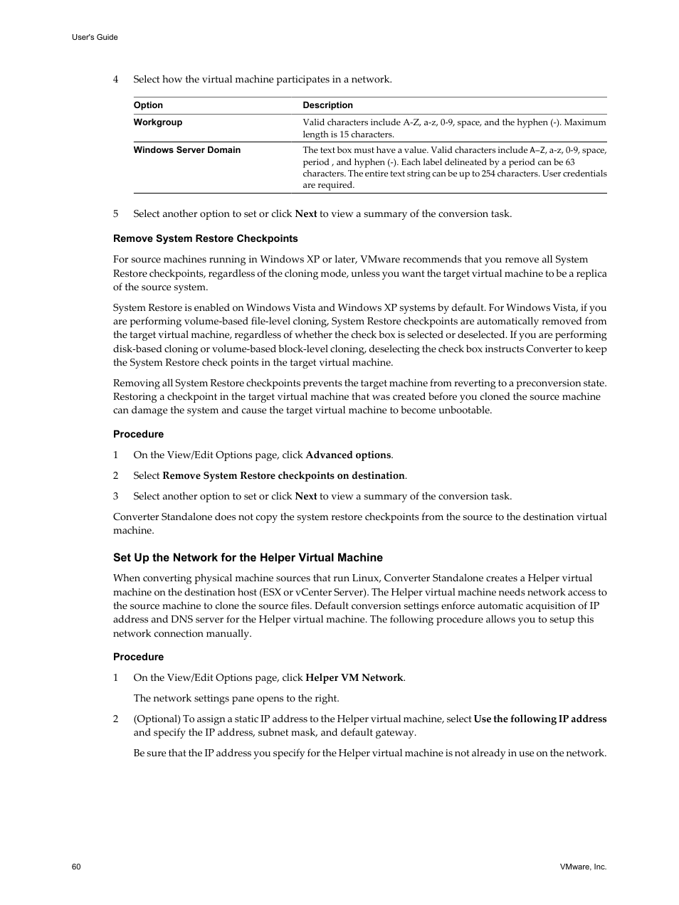 Remove system restore checkpoints, Set up the network for the helper virtual machine | VMware VCENTER CONVERTER EN-000158-02 User Manual | Page 60 / 92