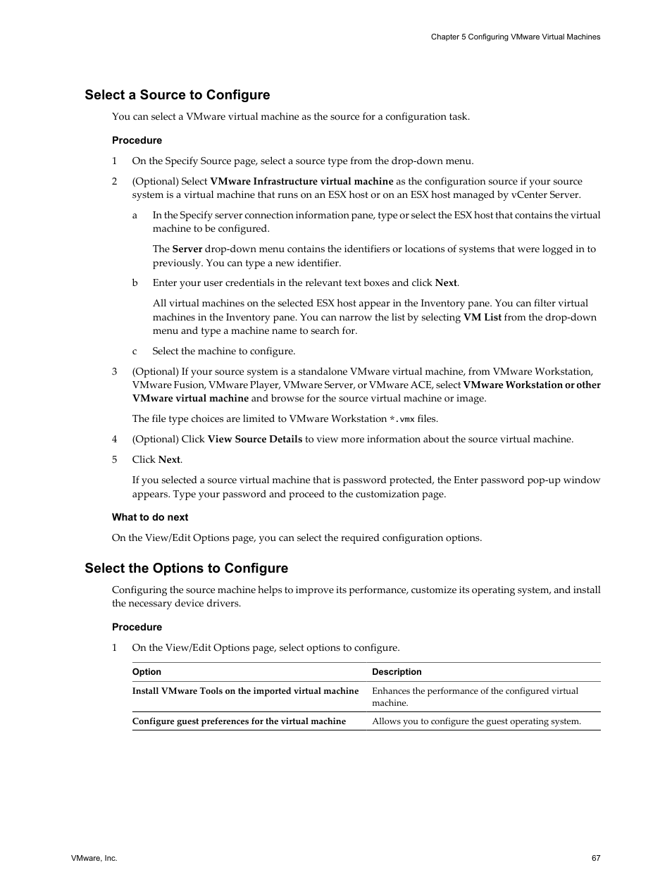 Select a source to configure, Select the options to configure | VMware VCENTER CONVERTER EN-000158-02 User Manual | Page 67 / 92