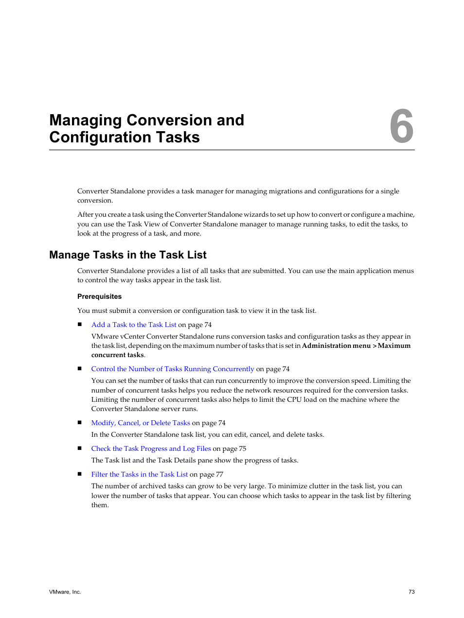 Managing conversion and configuration tasks, Manage tasks in the task list, Managing conversion and configuration tasks 73 | Manage tasks in the task list 73 | VMware VCENTER CONVERTER EN-000158-02 User Manual | Page 73 / 92