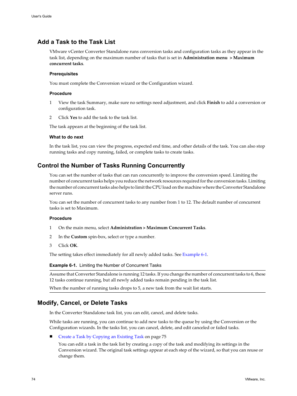 Add a task to the task list, Control the number of tasks running concurrently, Modify, cancel, or delete tasks | VMware VCENTER CONVERTER EN-000158-02 User Manual | Page 74 / 92