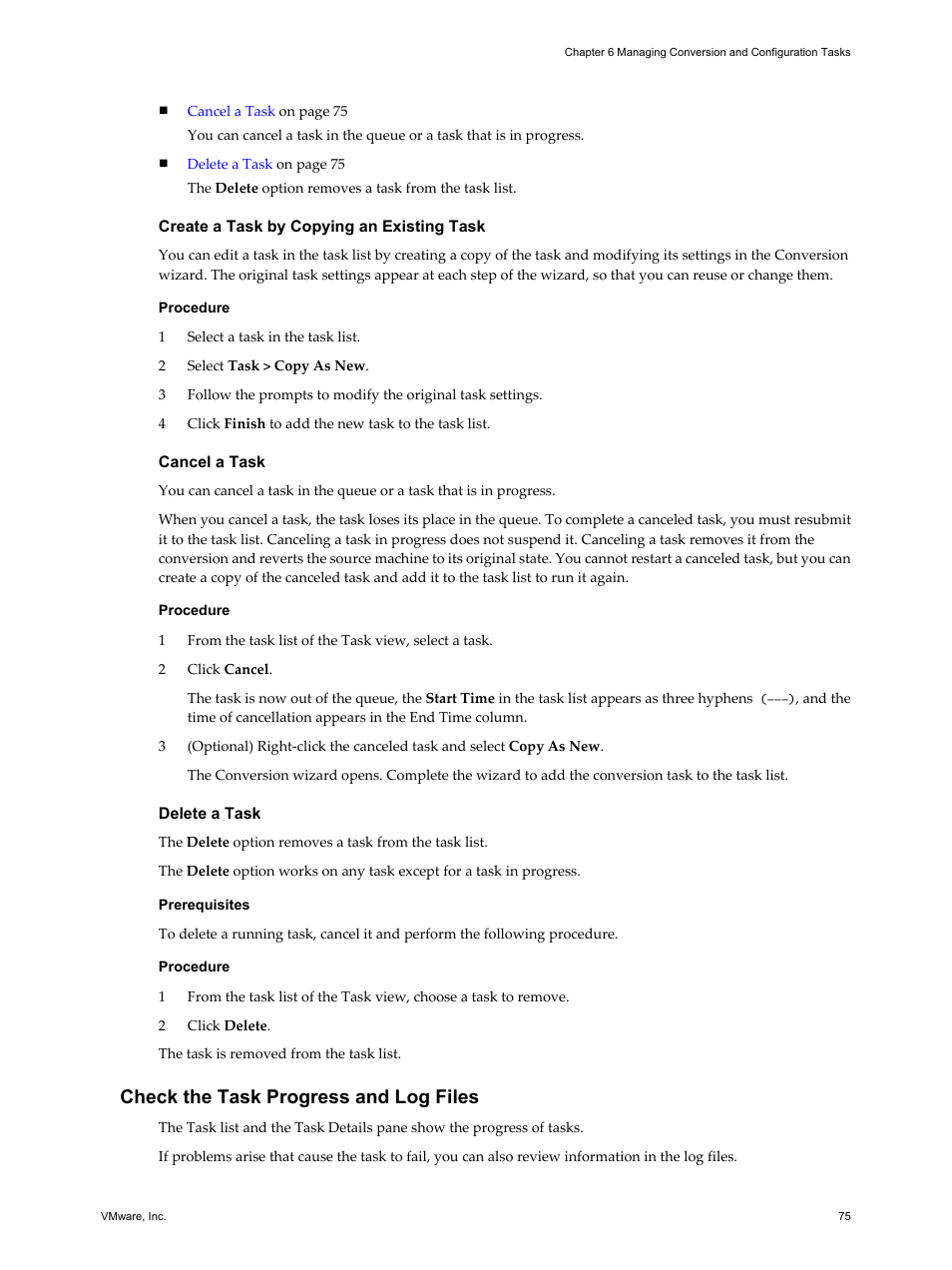 Create a task by copying an existing task, Cancel a task, Delete a task | Check the task progress and log files | VMware VCENTER CONVERTER EN-000158-02 User Manual | Page 75 / 92