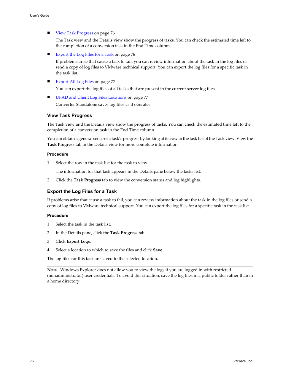 View task progress, Export the log files for a task | VMware VCENTER CONVERTER EN-000158-02 User Manual | Page 76 / 92