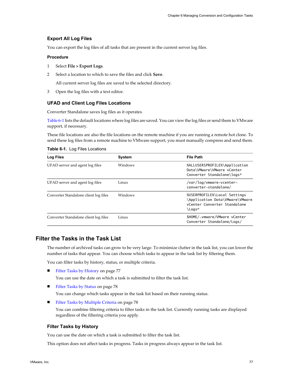 Export all log files, Ufad and client log files locations, Filter the tasks in the task list | Filter tasks by history | VMware VCENTER CONVERTER EN-000158-02 User Manual | Page 77 / 92