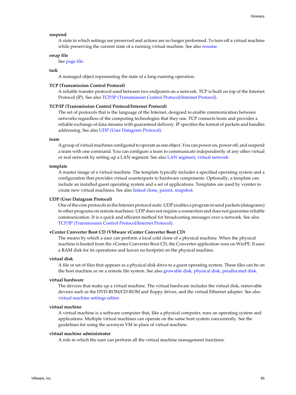Vcenter converter boot cd (vmware vcenter, Converter boot cd), Also | Team, Boot cd), Template, Virtual disk, Suspend | VMware VCENTER CONVERTER EN-000158-02 User Manual | Page 85 / 92