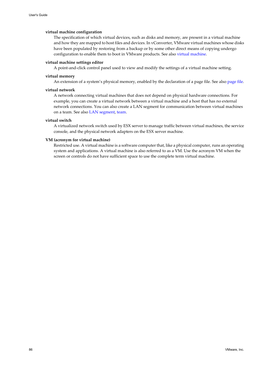 Virtual machine configuration, Virtual switch, Virtual network | Virtual memory, Virtual machine settings editor | VMware VCENTER CONVERTER EN-000158-02 User Manual | Page 86 / 92