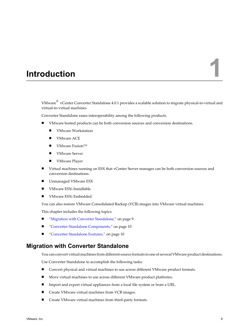 Introduction, Migration with converter standalone, Introduction 9 | Migration with converter standalone 9 | VMware VCENTER CONVERTER EN-000158-02 User Manual | Page 9 / 92
