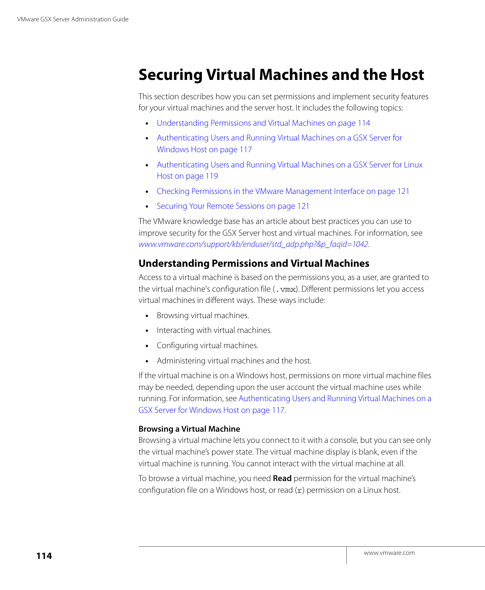 Securing virtual machines and the host, Understanding permissions and virtual machines, Securing | VMware GSX 3 User Manual | Page 114 / 240