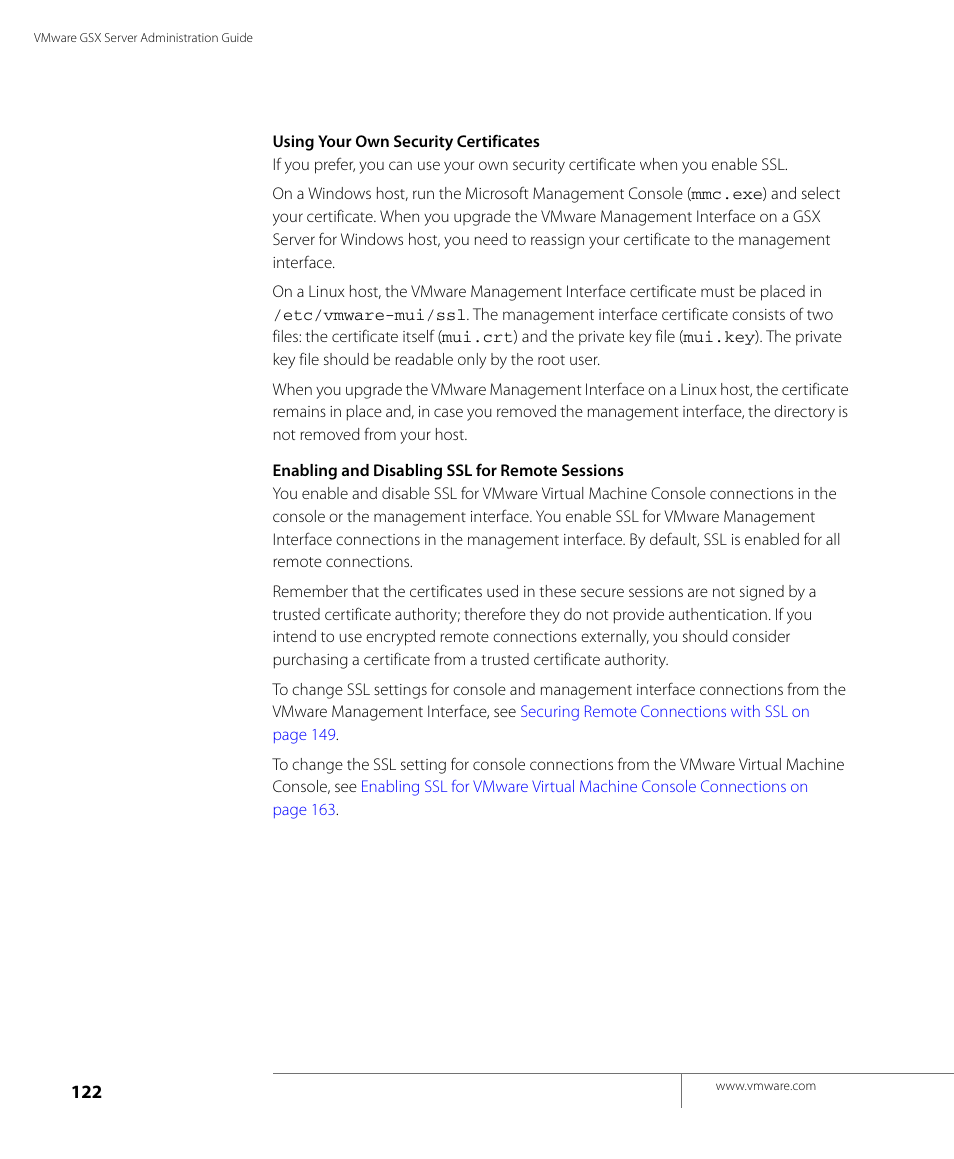 Enabling and disabling ssl | VMware GSX 3 User Manual | Page 122 / 240