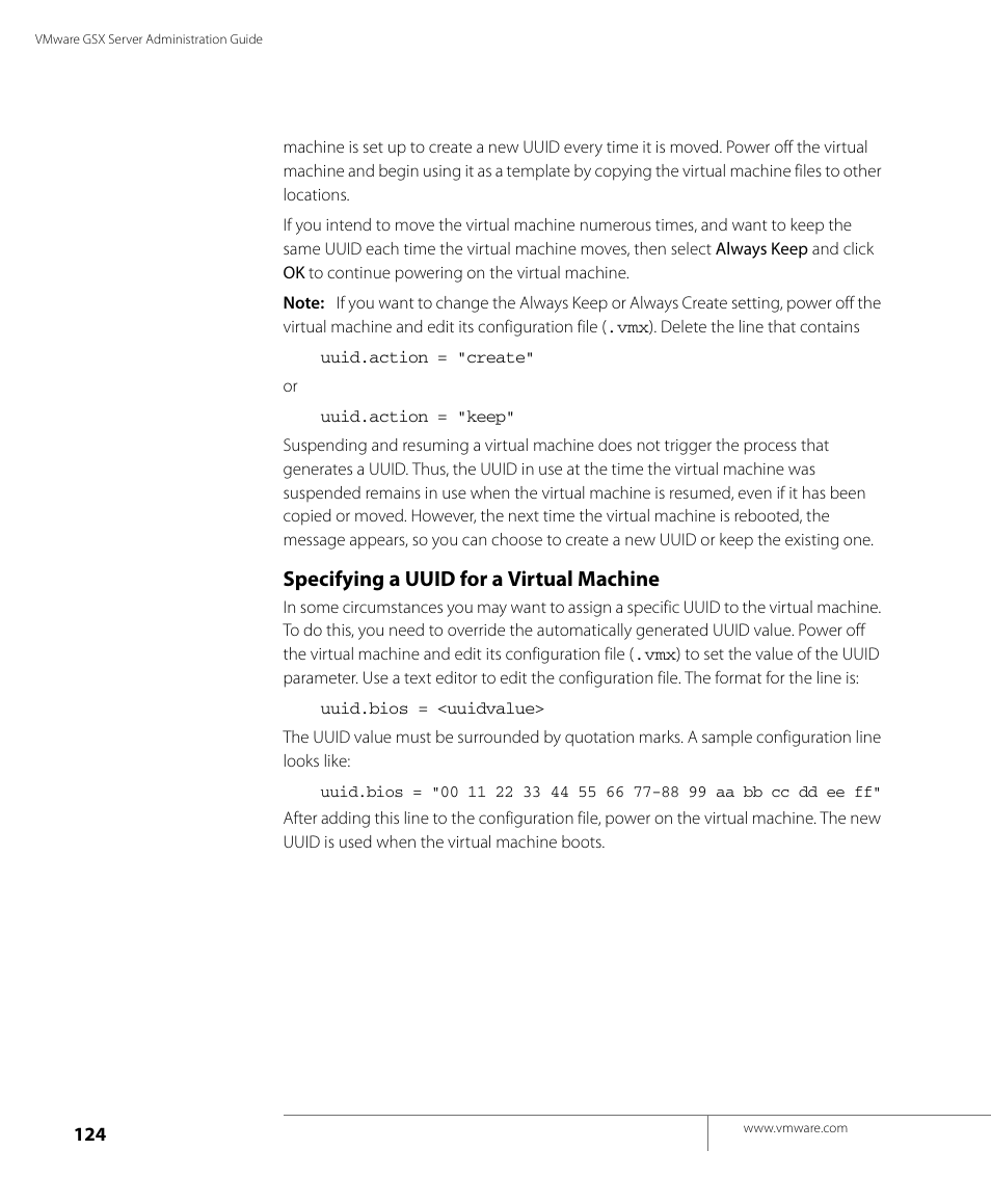 Specifying a uuid for a virtual machine | VMware GSX 3 User Manual | Page 124 / 240