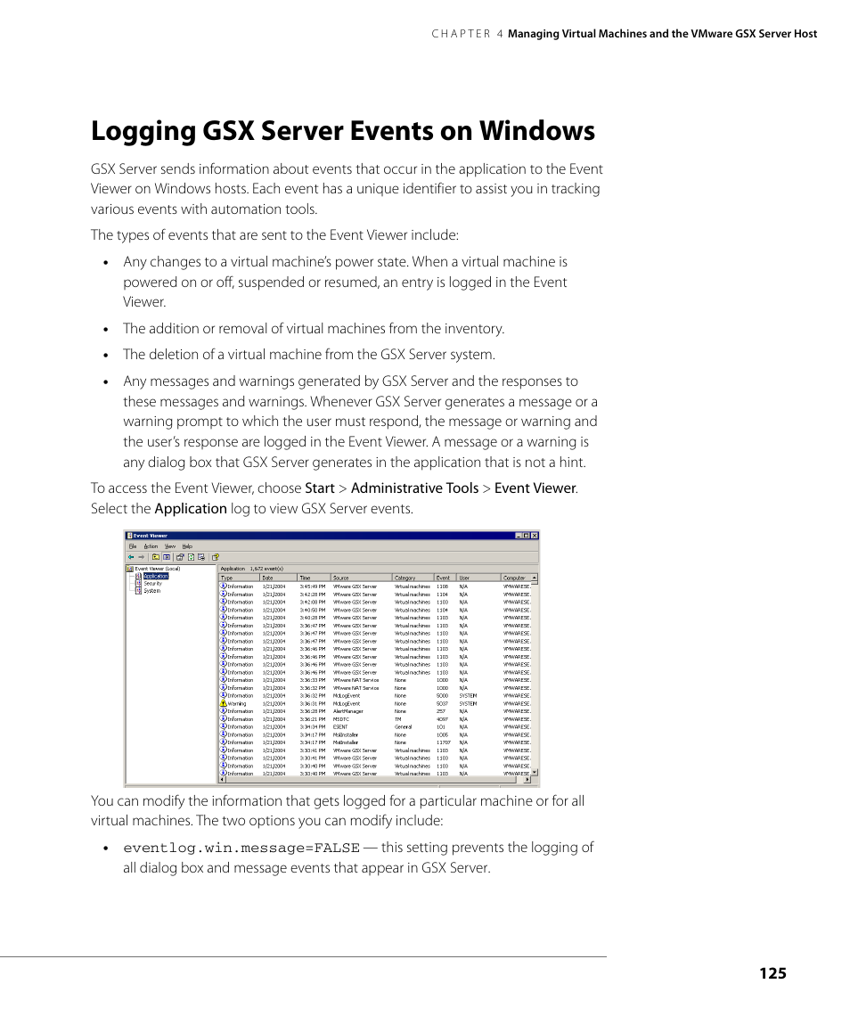 Logging gsx server events on windows, Logging gsx server | VMware GSX 3 User Manual | Page 125 / 240