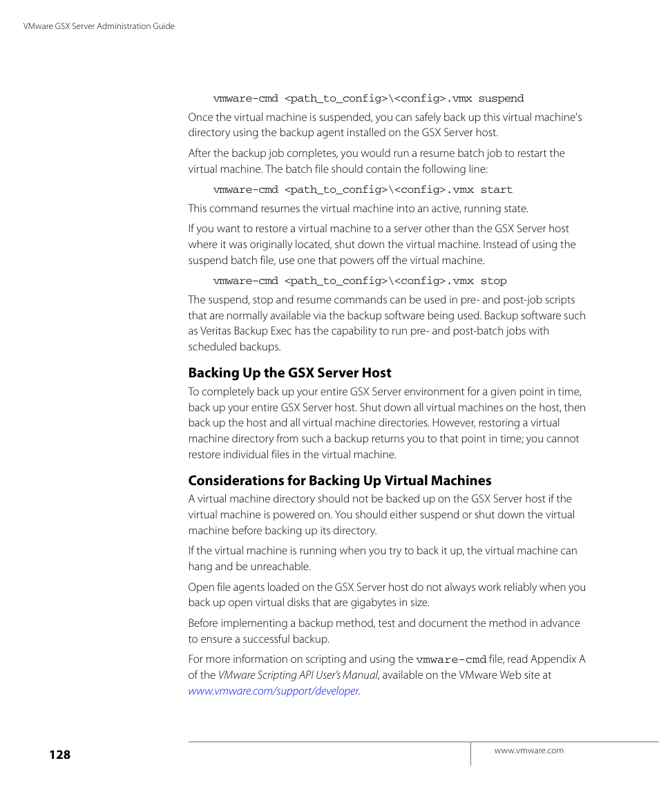Backing up the gsx server host, Considerations for backing up virtual machines | VMware GSX 3 User Manual | Page 128 / 240