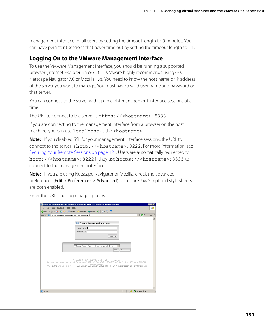 Logging on to the vmware management interface, Logging on to the | VMware GSX 3 User Manual | Page 131 / 240