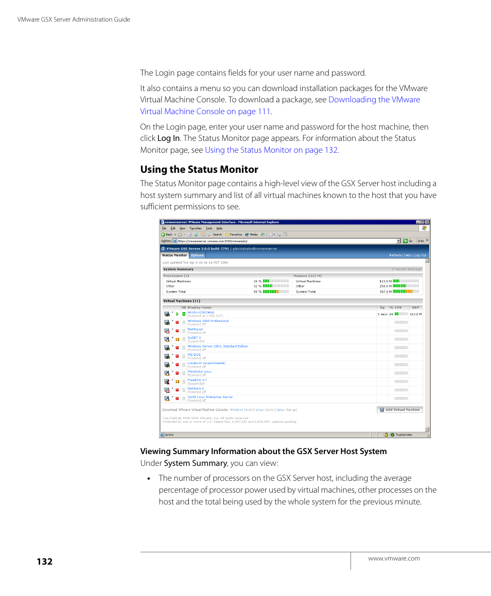 Using the status monitor | VMware GSX 3 User Manual | Page 132 / 240