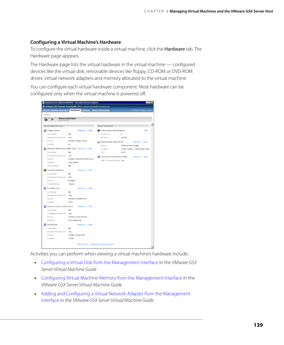 Configuring a virtual machine’s hardware on | VMware GSX 3 User Manual | Page 139 / 240