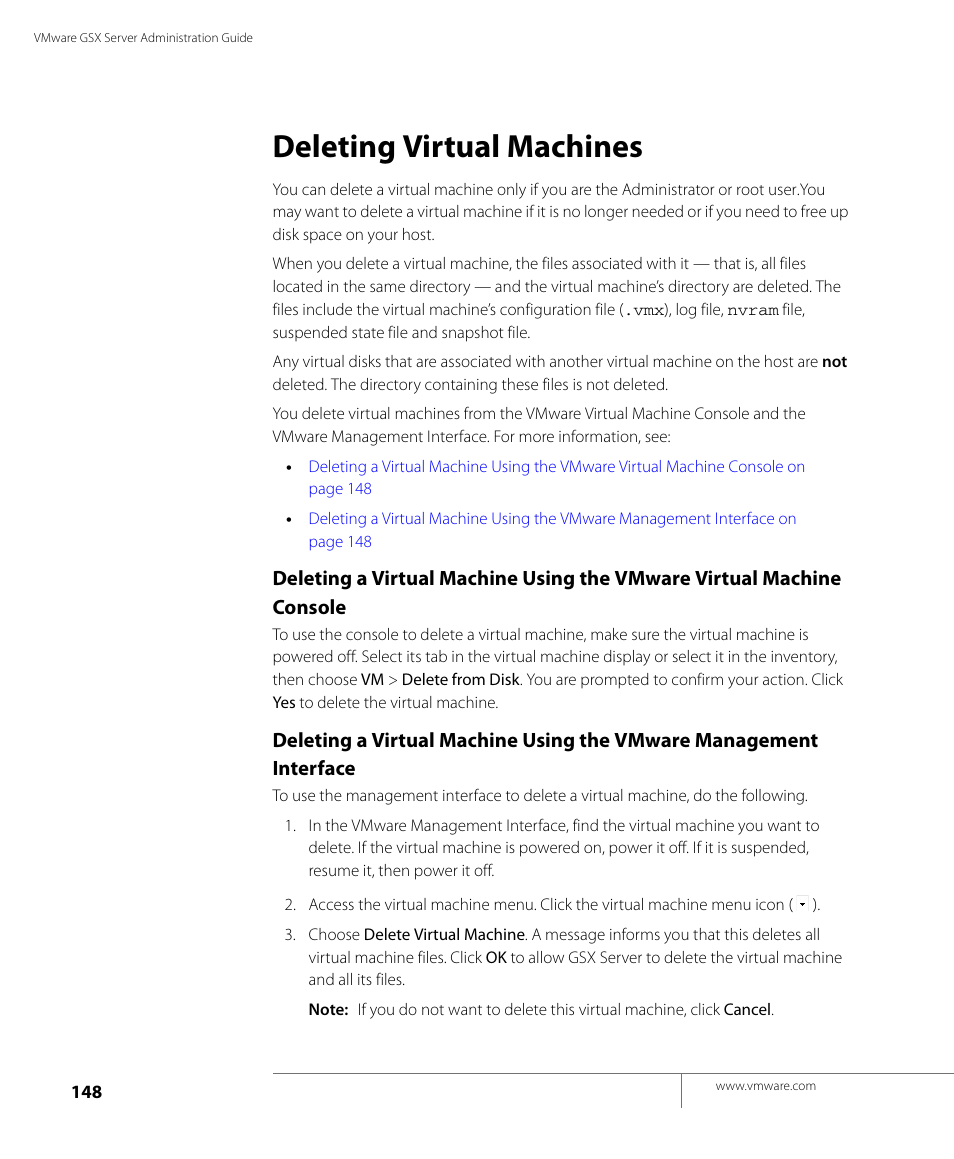 Deleting virtual machines | VMware GSX 3 User Manual | Page 148 / 240